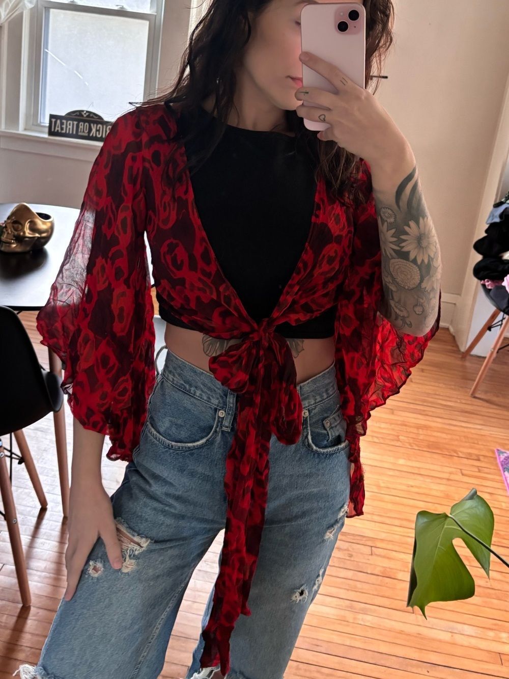 Vintage Y2K Batwing Tie-Front Sheer Red Floral Print Crop Top
